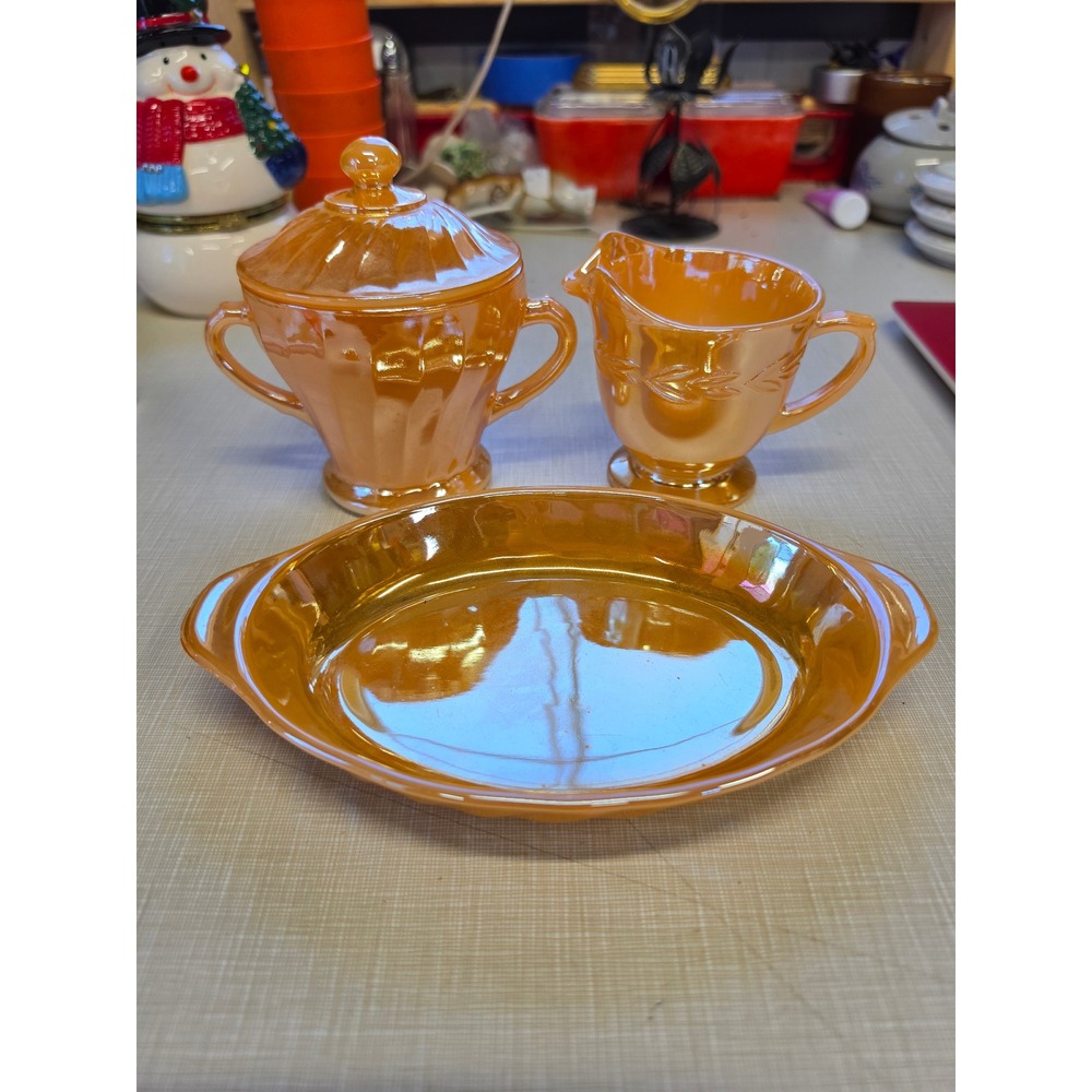 Fire-King Peach Lustre Anchor Hocking Sugar Creamer and Oval Dish Set 3pc